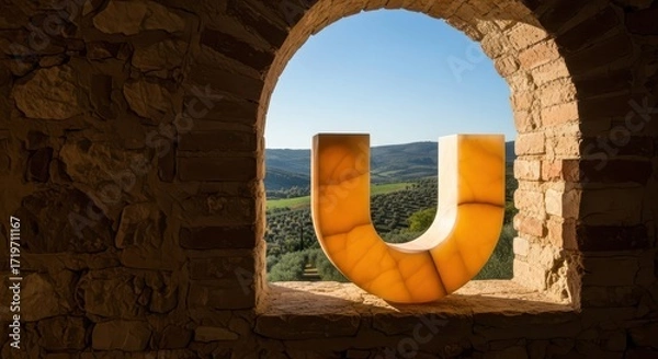 Fototapeta Illuminated Letter U in Rustic Window Frame Overlooking Lush Green Landscape
