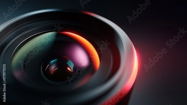 Obraz Close‑Range View of Camera Lens with Concentric Optical Rings and Red, Orange, Purple Light Reflections, showcasing Precision Engineering, Optical Craftsmanship, and Professional Imaging Detail