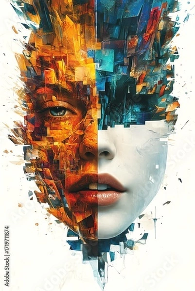 Fototapeta Abstract face, vibrant colors, digital art, fragmented portrait.