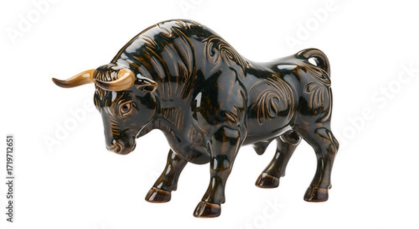 Obraz Dark Brown Bull Statue shines; features swirling patterns, sleek surface, dramatic lighting. Perfect for cultural product photography or branding.