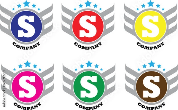 Fototapeta A collection of six colorful company logos, each featuring a winged letter 'S' under an arch of five stars.