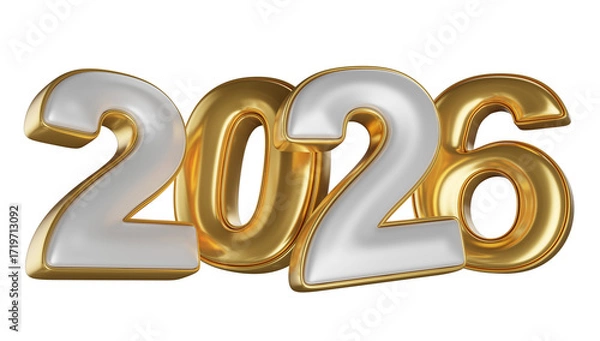 Fototapeta Minimalist golden and silver numbers 2026 in 3D render on isolated white background. 3D illustration