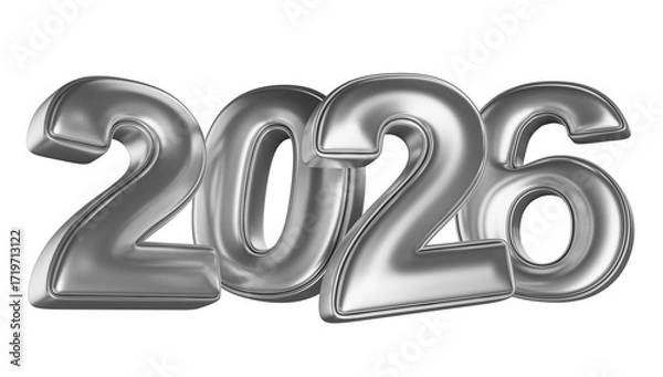 Fototapeta Silver minimalist numbers 2026 in 3D render isolated white background. 3D illustration