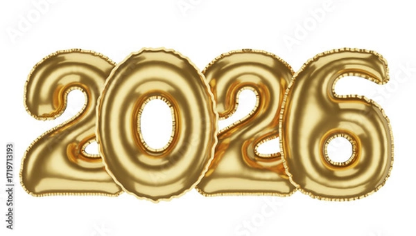 Fototapeta Golden 2026 Balloons 3D render, Isolated Collection of Bright Shiny Numbers, Festive New Year Decor.