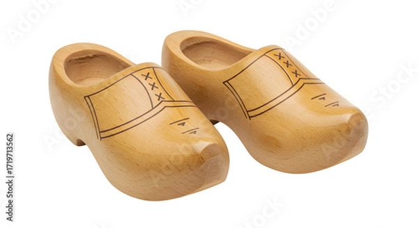Obraz Wooden clogs shine, showcasing smooth, light wood and etched details.  The simple design adds a rustic touch for cultural displays or folklore projects.