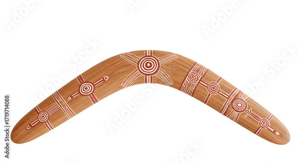 Obraz Wood boomerang with red/white Aboriginal style art stands on black background for cultural presentations, branding, or educational materials.