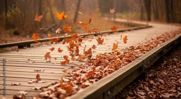 Fototapeta Autumn Leaves Fall on Wooden Boardwalk Path Through Forest