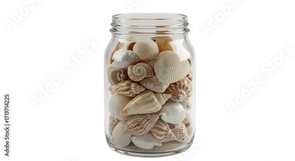Obraz Seashells fill clear glass jar. Coastal style with soft lighting. Perfect for posters, travel blogs, product staging.