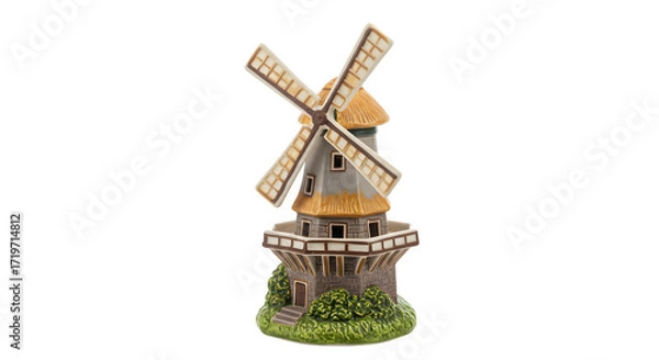 Obraz Windmill ceramic miniature stands on black, smooth surface. Ideal for collectibles, gifts, decoration.