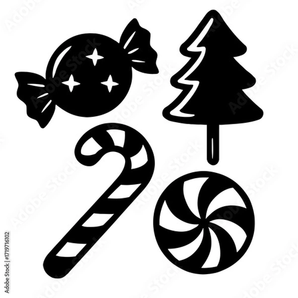 Fototapeta Delightful collection of black silhouette icons: a twinkling wrapped candy, a traditional striped candy cane, a festive Christmas tree, and a whimsical swirl lollipop, perfect for holiday and sweet-th