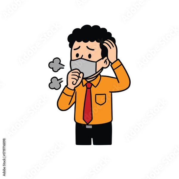 Fototapeta Cartoon Illustration of a Man Wearing Mask Coughing and Feeling Unwell