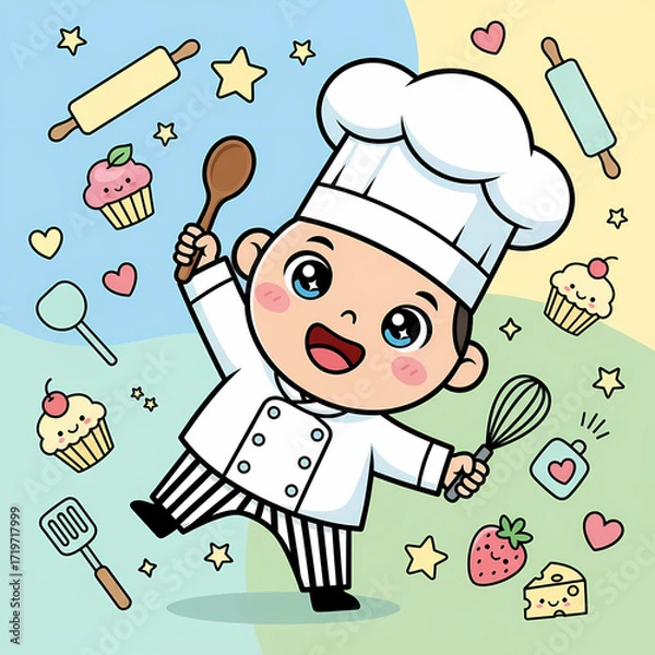 Fototapeta Sweetness of Baking: An adorable cartoon chef, bursting with enthusiasm, orchestrates a symphony of flavors, surrounded by delightful culinary tools and treats.