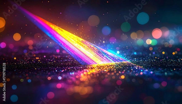 Fototapeta Futuristic prism rainbow light overlay on dark background, sharp crystal flare effect, holographic reflections with neon-like glow, vibrant bokeh illustration.