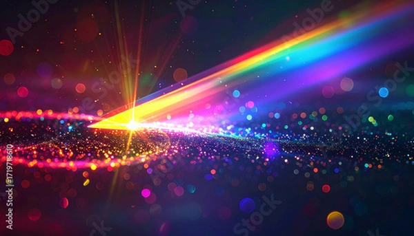 Fototapeta Futuristic prism rainbow light overlay on dark background, sharp crystal flare effect, holographic reflections with neon-like glow, vibrant bokeh illustration.