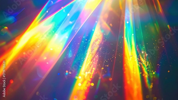Fototapeta Futuristic prism rainbow light overlay on dark background, sharp crystal flare effect, holographic reflections with neon-like glow, vibrant bokeh illustration.
