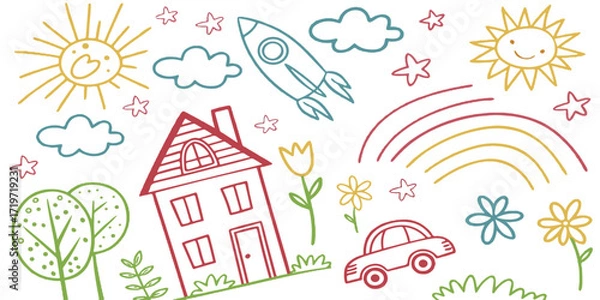 Fototapeta Cute seamless doodle pattern with rainbow, sun, house, trees, bunny, rocket, flowers and stars. Playful kids background for nursery, fabric, wallpaper, wrapping paper and textile design.