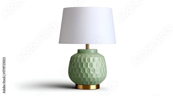 Fototapeta A stylish and contemporary table lamp featuring a textured, geometric green ceramic body with a sleek brass base and a crisp white linen shade.