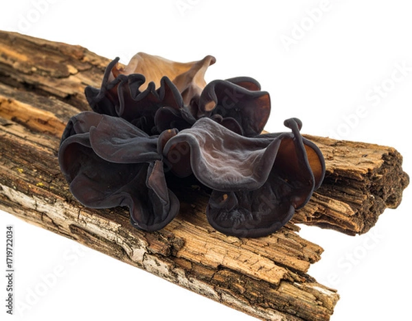 Fototapeta “Black Jelly Ear Mushrooms with Rustic Wooden Base, isolated on a transparent background”.