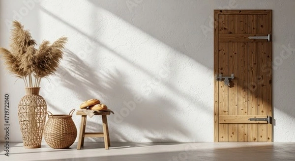Fototapeta Rustic Wooden Door and Bohemian Decor Accents Bathed in Sunlight