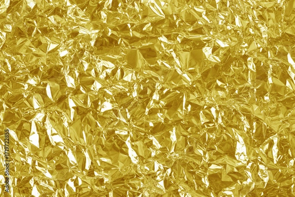 Fototapeta Shiny gold foil texture background, pattern of yellow wrapping paper with crumpled and wavy.