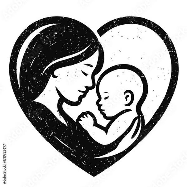 Fototapeta Black and white illustration of a mother embracing her newborn baby within a heart. This tender image symbolizes profound maternal love, pure care, and the unbreakable bond of family, highlighting new