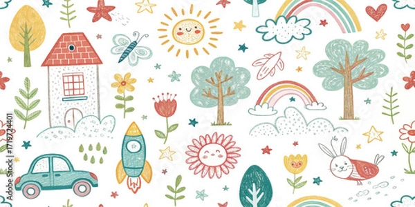 Fototapeta Cute seamless doodle pattern with rainbow, sun, house, trees, bunny, rocket, flowers and stars. Playful kids background for nursery, fabric, wallpaper, wrapping paper and textile design.