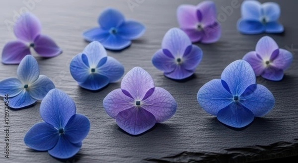 Fototapeta Delicate Hydrangea Blossoms Displayed on a Dark Slate Surface