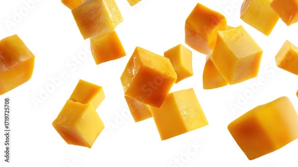 Fototapeta Freshly cut mango chunks falling isolated on transparent background