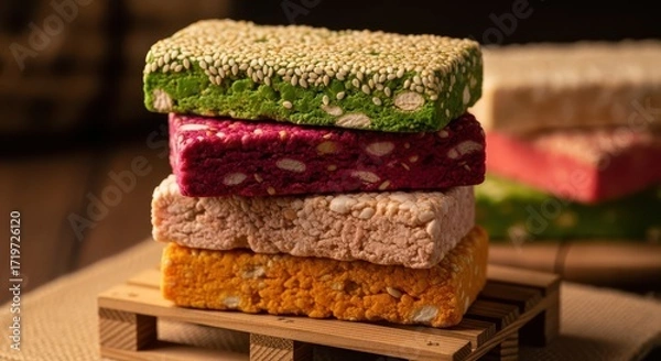 Fototapeta Colorful stacked sweet confections with nuts and seeds