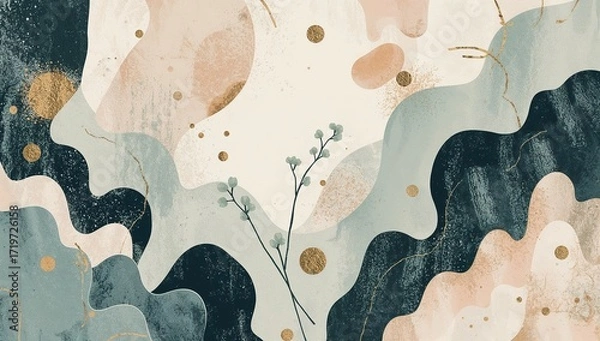 Fototapeta Abstract  Seascape with Golden Accents and Botanical Elements