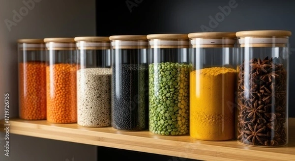Fototapeta Clear Glass Storage Jars Filled With Various Spices and Grains