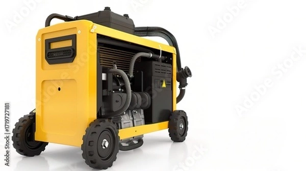 Fototapeta Gasoline generator with a compact metallic gray body, a fuel tank, and an exhaust pipe, placed in a construction site, outdoor event, or backup power area to generate electricity, equipped with contro