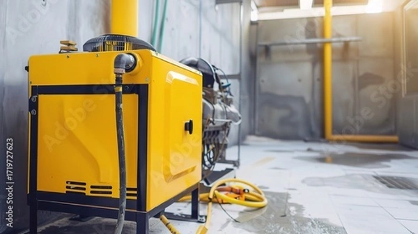 Fototapeta Gasoline generator with a compact metallic gray body, a fuel tank, and an exhaust pipe, placed in a construction site, outdoor event, or backup power area to generate electricity, equipped with contro
