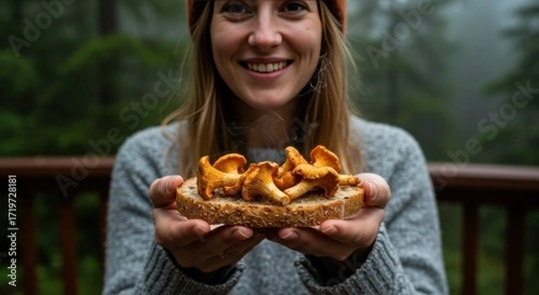 Fototapeta A joyful woman holding a slice of bread topped with freshly foraged mushrooms, smiling in a misty forest setting, showcasing the beauty of nature and the joy of gathering food