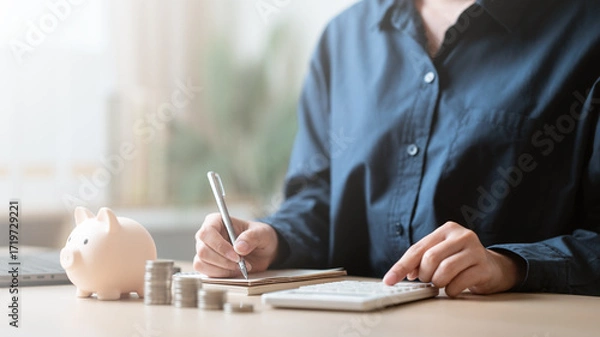 Fototapeta Person writing and calculating with coins, piggy bank, and notebook, representing lifestyle finance