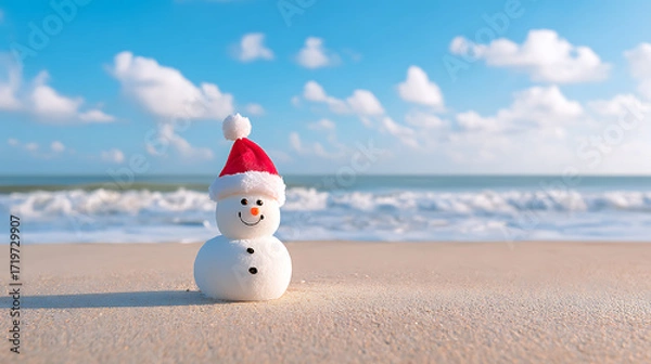 Fototapeta  Snowman on the beach under blue sky with white clouds. Fun winter scene with contrast of snow and summer beach concept.
