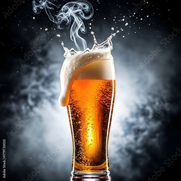 Fototapeta A refreshing glass of beer with foam and splashes, dark background