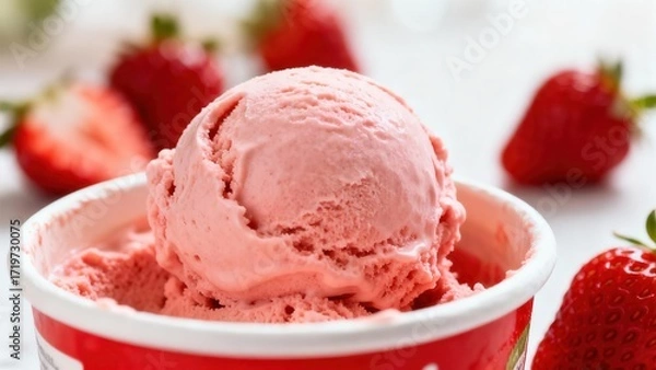 Fototapeta A  view of a scoop of vibrant pink strawberry ice cream in a red and white paper cup, surrounded by fresh strawberry slices.
