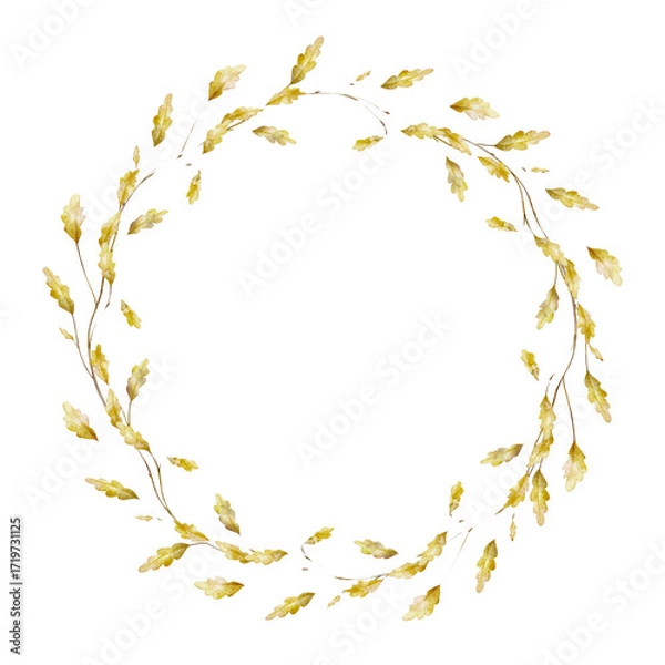 Fototapeta Watercolor Wreath of oak branches and golden leaves arranged in a round Template. Illustration of circular Frame for autumn wedding invitations or greeting cards. Drawing of Border for nursery poster