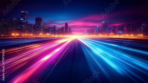 Fototapeta Vibrant neon light trails streak through a modern city at night, showcasing urban movement and abstract speed.