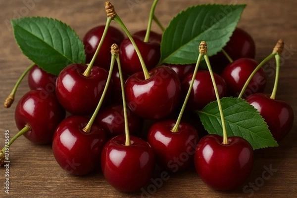 Obraz Pile of fresh, ripe cherries with green leaves on a wooden surface