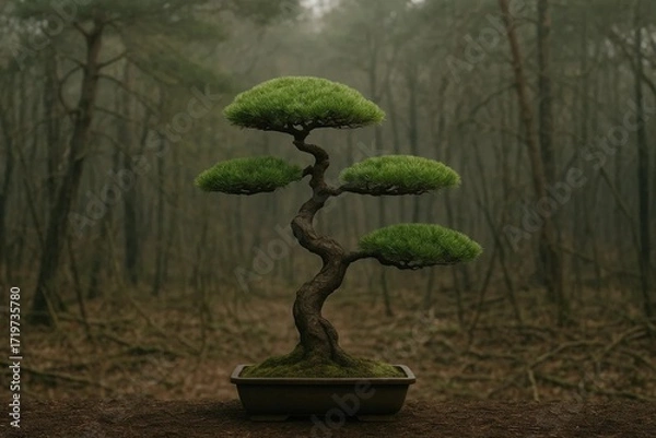 Obraz Hyperrealistic Bonsai in Close-Up with Pristine Branches Against Neglected Forest Background for Luxury Banner