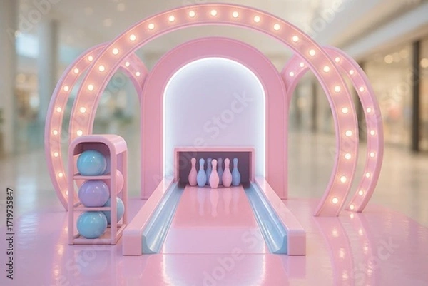 Obraz Hyperrealistic Futuristic Bowling Stand in Playful Pastel Tones for Creative Entertainment Banner