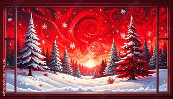Fototapeta Winter Night Through Window: Snow-Covered Trees Under Distant Lights with Colorful Sunset-Hued Room Interior