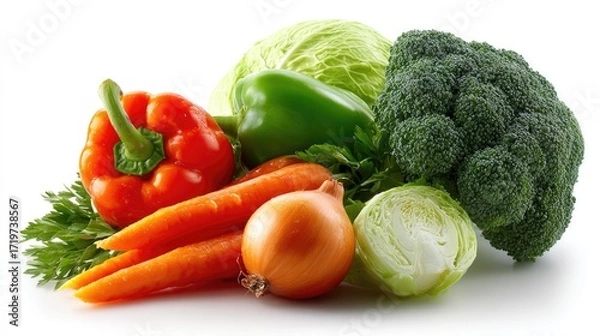 Fototapeta Vibrant Vegetable Medley: A colorful array of fresh, wholesome vegetables are artfully arranged, showcasing their natural beauty, shape, and texture in this macro still life.