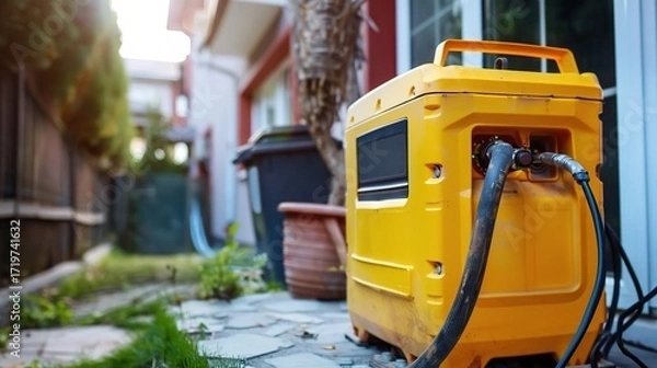 Fototapeta Gasoline generator with a compact metallic gray body, a fuel tank, and an exhaust pipe, placed in a construction site, outdoor event, or backup power area to generate electricity, equipped with contro