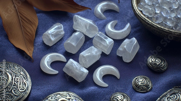 Obraz White Stones and Decorative Elements on Blue Fabric Background