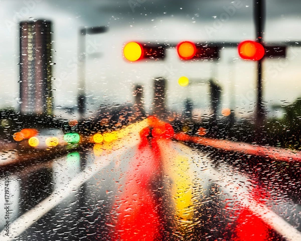 Obraz Rainy City Street View with Blurred Traffic Lights and Reflection