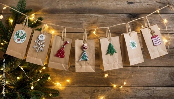 Fototapeta Advent calendar made of paper bags. Eco friendly advent calendar. Christmas advent calendar 