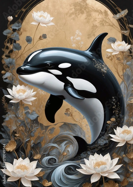 Fototapeta Orca swimming in an artistic floral setting with elegant water lilies and soft gold background